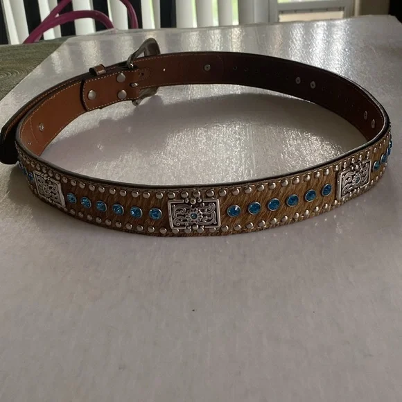 NOCONA Western Leather Belt with Silver Buckle, Rhinestones and calf hair Sz 38